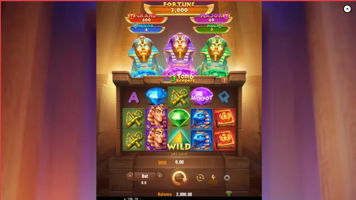 Tampilan visual slot 3 Tomb Keepers dengan tema makam Mesir kuno dan patung Firaun.