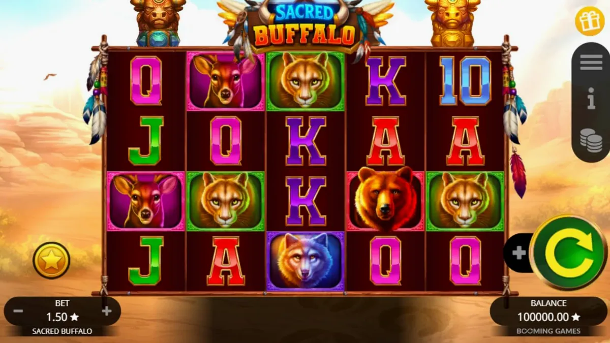 Tampilan visual slot Sacred Buffalo dengan latar belakang padang rumput liar dan simbol totem.